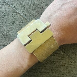 Leighelena Jigsaw Cuff, Bracelet. Gold animal print leather, gold hardware